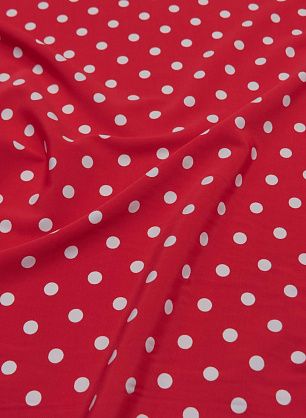 Плательная вискоза стрейч (н) белый горох на красном - в интернет-магазине тканей Тессутидея арт. 04-1384