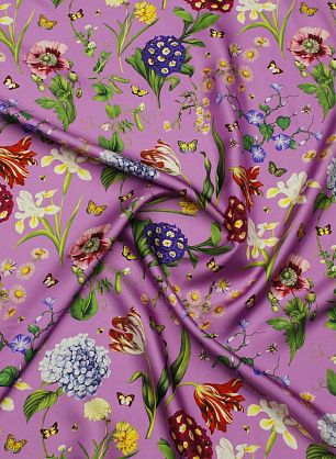 Шелк твил (н) цветочный рисунок и насекомые на сиреневом - в интернет-магазине тканей Тессутидея арт. 10-4218