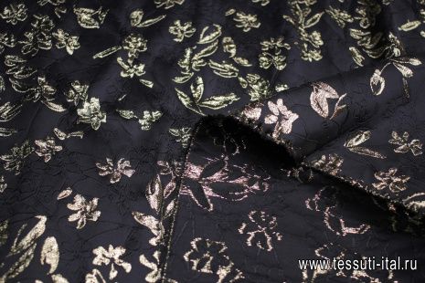 Тафта с люрексом (н) золотой цветочный принт на черном - итальянские ткани Тессутидея арт. 03-6835