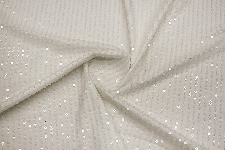 Плательная сетка расшитая пайетками и стеклярусом (о) белая - итальянские ткани Тессутидея арт. 03-7186