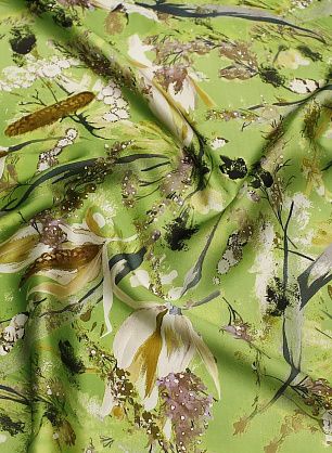 Шелк атлас (н) растительная абстракция на салатовом - в интернет-магазине тканей Тессутидея арт. 10-4469