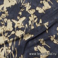 Плательная вискоза (н) бежево-коричневая цветочная абстракция и полоска на синем меланже - итальянские ткани Тессутидея арт. 04-1787