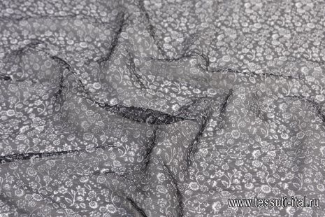 Шифон крэш (н) белый цветочный орнамент на черном - итальянские ткани Тессутидея арт. 10-1409