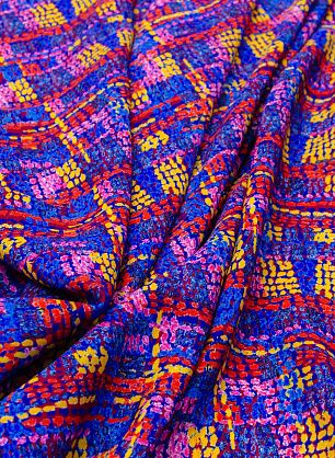 Крепдешин (н) яркий желто-красно-голубой орнамент - в интернет-магазине тканей Тессутидея арт. 02-8421