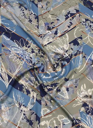 Шелк атлас с люрексом (н) цветы из люрекса на оливково-голубой геометрии - в интернет-магазине тканей Тессутидея арт. 10-3901