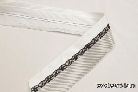 Корсажная лента с белыми цветами/в серую полоску с кружевом - итальянские ткани Тессутидея арт. F-6222