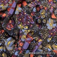 Крепдешин (н) цветочный орнамент на черном в стиле Valentino - итальянские ткани Тессутидея арт. 10-0631
