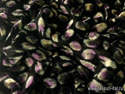 Бархат (н) серо-зелено-фиолетовый орнамент на черном - итальянские ткани Тессутидея арт. 03-5407