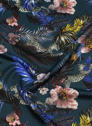 Плательная вискоза+шерсть 410 г/м (н) крупный растительный рисунок и животные на темно-сине-зеленом - в интернет-магазине тканей Тессутидея арт. 04-1714