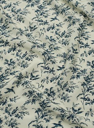 Крепдешин (н) серо-бирюзовый растительный рисунок и птицы на бежевом - в интернет-магазине тканей Тессутидея арт. 10-4519