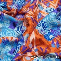 Шелк дама (н) сиренево-голубой цветочный орнамент на оранжевом в стиле Ungaro - итальянские ткани Тессутидея арт. 10-0606