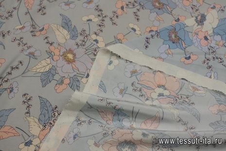 Крепдешин (н) сине-розовый цветочный рисунок на светло-голубом - итальянские ткани Тессутидея арт. 10-3233