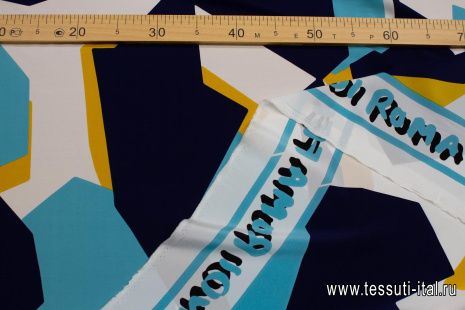 Крепдешин (н) сине-желто-голубая геометрическая абстракция на белом - итальянские ткани Тессутидея арт. 10-3448
