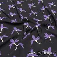 Крепдешин (н) бело-фиолетовый цветочный рисунок на черном - итальянские ткани Тессутидея арт. 10-2774