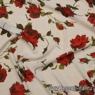 Шифон (н) красные розы на серо-молочном меланже - итальянские ткани Тессутидея арт. 10-3805