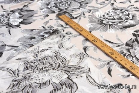 Крепдешин деворе (н) крупные серо-черно-серебрянный цветы на айвори - итальянские ткани Тессутидея арт. 10-1362