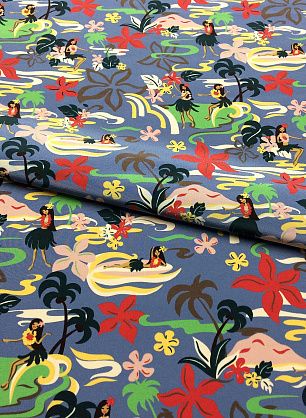 Крепдешин (н) цветочный орнамент и девушки на голубом - в интернет-магазине тканей Тессутидея арт. 02-7242