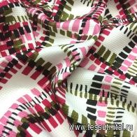 Плательная пике стрейч (н) черно-розово-зеленый геометрический орнамент на белом - итальянские ткани Тессутидея арт. 01-4669