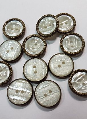 Пуговица пластик 2 прокола d-20мм белый перламутр в бронзе - итальянские ткани Тессутидея F-5507