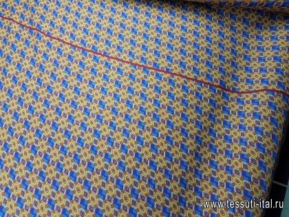 Крепдешин купон (0,9м) (н) сине-бордово-горчичный геометрический орнамент - итальянские ткани Тессутидея арт. 02-6841