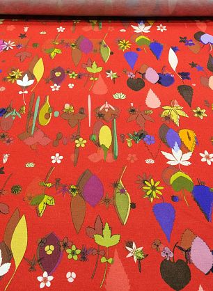 Трикотаж хлопок с вискозой (н) цветочно-растительный орнамент на красном - в интернет-магазине тканей Тессутидея арт. 14-1459