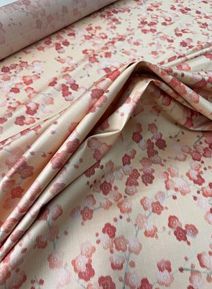 Тафта (н) красно-розовая цветочная абстракция на персиковом - в интернет-магазине тканей Тессутидея арт. 10-4717
