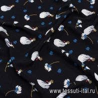 Плательная вискоза (н) лебеди и цветы на черном - итальянские ткани Тессутидея арт. 04-1454