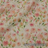 Лен (н) розовый цветочный рисунок на белом - итальянские ткани Тессутидея арт. 16-0849