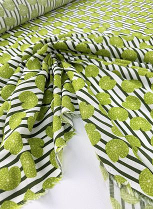 Плательная вискоза+лен (н) листья кувшинки на бело-зеленой полоске - в интернет-магазине тканей Тессутидея арт. 04-1825