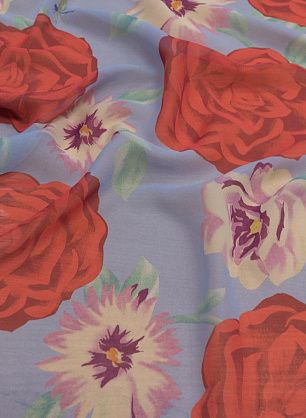 Шифон (н) крупный красно-желто-зеленый цветочный рисунок на голубом - в интернет-магазине тканей Тессутидея арт. 10-2519