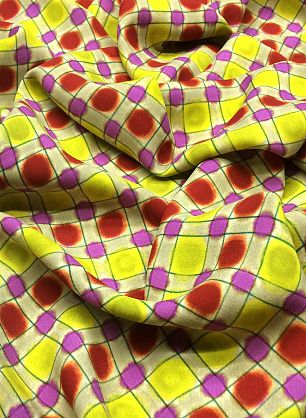 Плательная стрейч (н) яркий стилизованный горох на бежево-зеленой клетке - в интернет-магазине тканей Тессутидея арт. 04-1117