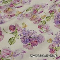 Лен (н) сиреневый цветочный рисунок и бабочки на белом - итальянские ткани Тессутидея арт. 16-0853