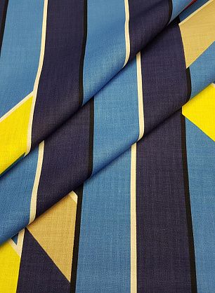 Плательная (н) красно-желто-бежевый геометрический орнамент на сине-голубой полоске - в интернет-магазине тканей Тессутидея арт. 01-4154