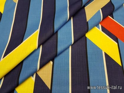 Плательная (н) красно-желто-бежевый геометрический орнамент на сине-голубой полоске - итальянские ткани Тессутидея арт. 01-4154