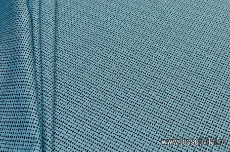 Хлопок стрейч (н) черно-бело-бирюзовый геометрический орнамент на голубом - итальянские ткани Тессутидея арт. 01-5065