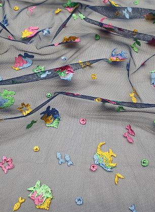 Плательная сетка с вышивкой (н) яркие рыбки на синем - в интернет-магазине тканей Тессутидея арт. 03-5358