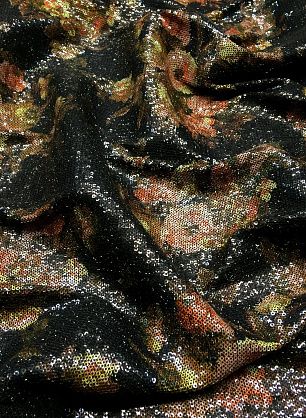 Трикотаж с пайетками (н) оранжево-зеленыйцветочный орнамент на черном - в интернет-магазине тканей Тессутидея арт. 13-1299