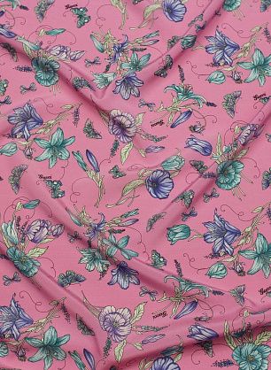 Крепдешин стрейч (н) яркий цветочный рисунок и бабочки на розовом - в интернет-магазине тканей Тессутидея арт. 10-3957