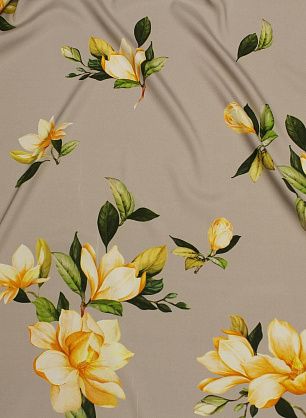 Шелк атлас купон (2,1м) (н) желто-зеленый растительный рисунок на сером - в интернет-магазине тканей Тессутидея арт. 10-3545