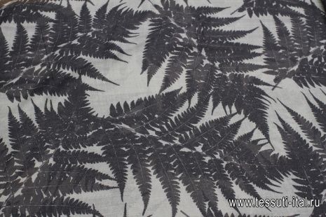Пашмина (н) черные листья папоротника на сером - итальянские ткани Тессутидея арт. 17-1042
