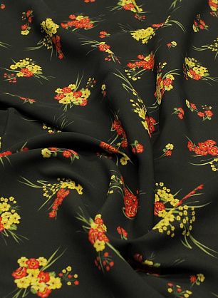 Плательная вискоза (н) красно-желтые цветочные букеты на черном - в интернет-магазине тканей Тессутидея арт. 04-1621
