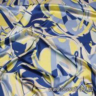 Шелк атлас стрейч (н) сине-желто-голубая абстракция - итальянские ткани Тессутидея арт. 10-3537