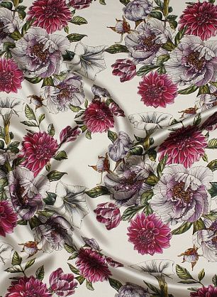 Шелк атлас (н) крупный цветочный рисунок на белом - в интернет-магазине тканей Тессутидея арт. 10-3797