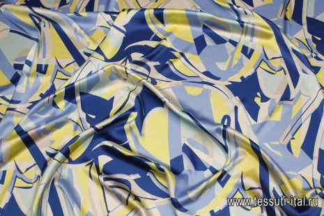 Шелк атлас стрейч (н) сине-желто-голубая абстракция - итальянские ткани Тессутидея арт. 10-3537