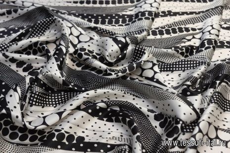 Шелк атлас (н) стилизованный черно-белый горох и полосы в стиле Bottega Veneta - итальянские ткани Тессутидея арт. 10-0884