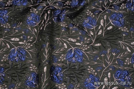Жаккард матлассе с люрексом (н) сине-серебряные цветы на черном - итальянские ткани Тессутидея арт. 03-6939