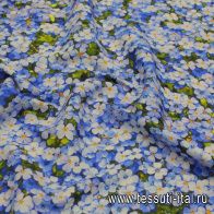 Шелк атлас стрейч (н) голубой цветочный рисунок - итальянские ткани Тессутидея арт. 10-3326