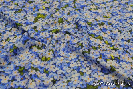 Шелк атлас стрейч (н) голубой цветочный рисунок - итальянские ткани Тессутидея арт. 10-3326