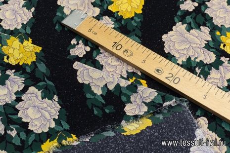 Крепдешин (н) желто-бежевые цветы на черном меланже - итальянские ткани Тессутидея арт. 02-8795