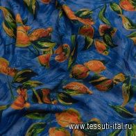 Лен (н) оранжевые лимоны на синем - итальянские ткани Тессутидея арт. 16-0753